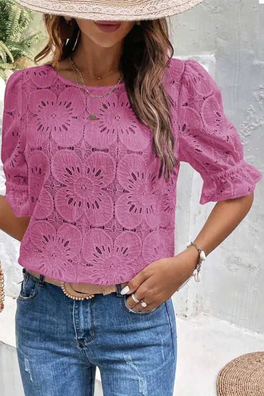 Flower eyelet top - jacquard keyhole flounce sleeve - bright pink / s / 70% cotton + 30% polyamide - tops