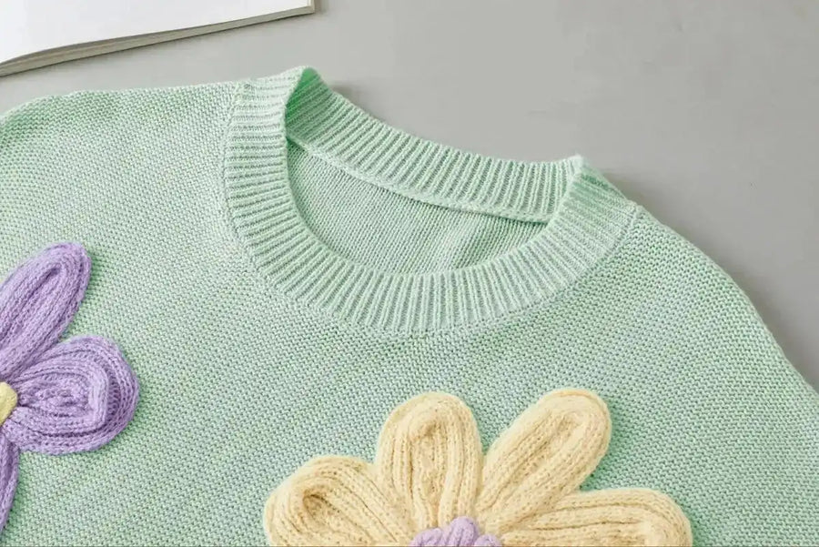Flower Knit Top - Short Sleeve Pink Multi Crochet Sweater - Fashionfitz