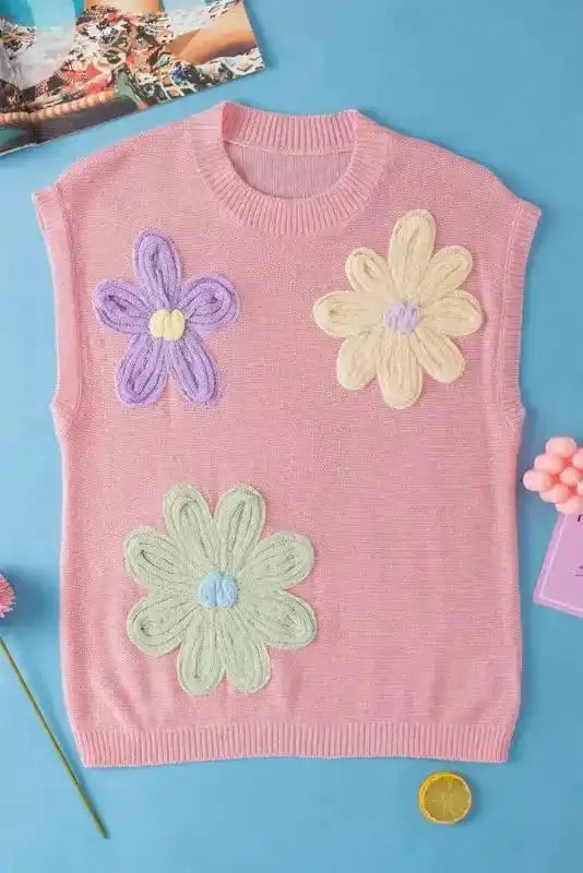 Flower Knit Top - Short Sleeve Pink Multi Crochet Sweater - Fashionfitz