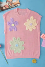Flower Knit Top - Short Sleeve Pink Multi Crochet Sweater - Fashionfitz