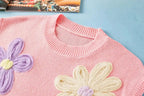 Flower Knit Top - Short Sleeve Pink Multi Crochet Sweater - Fashionfitz