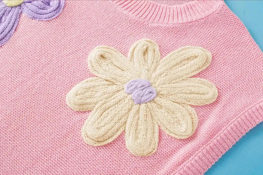 Flower Knit Top - Short Sleeve Pink Multi Crochet Sweater - Fashionfitz