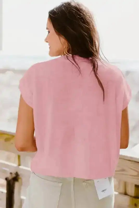 Flower Knit Top - Short Sleeve Pink Multi Crochet Sweater - Fashionfitz