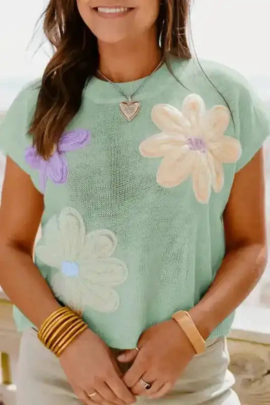 Flower Knit Top - Short Sleeve Pink Multi Crochet Sweater - Fashionfitz