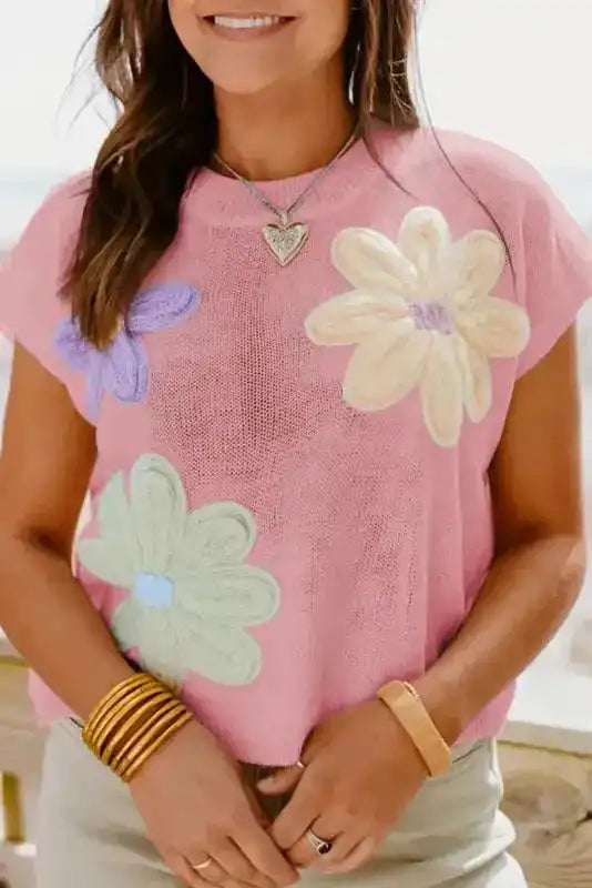 Flower Knit Top - Short Sleeve Pink Multi Crochet Sweater - Fashionfitz
