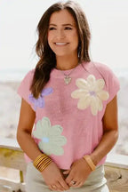 Flower Knit Top - Short Sleeve Pink Multi Crochet Sweater - Fashionfitz