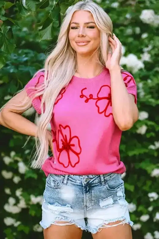 Flower Knitwear Top - Bright Pink Corded Embroidery Short Sleeve - Fashionfitz