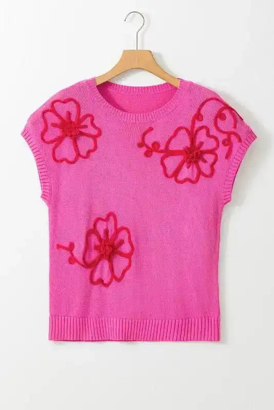 Flower Knitwear Top - Bright Pink Corded Embroidery Short Sleeve - Fashionfitz