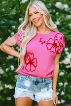 Flower Knitwear Top - Bright Pink Corded Embroidery Short Sleeve - Fashionfitz