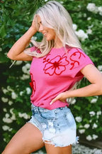 Flower Knitwear Top - Bright Pink Corded Embroidery Short Sleeve - Fashionfitz
