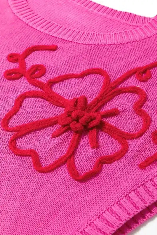 Flower Knitwear Top - Bright Pink Corded Embroidery Short Sleeve - Fashionfitz