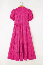 Flower Maxi Dress - Rose Red Mock Neck Puff Sleeve Tiered - Fashionfitz
