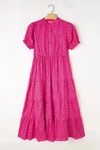 Flower Maxi Dress - Rose Red Mock Neck Puff Sleeve Tiered - Fashionfitz