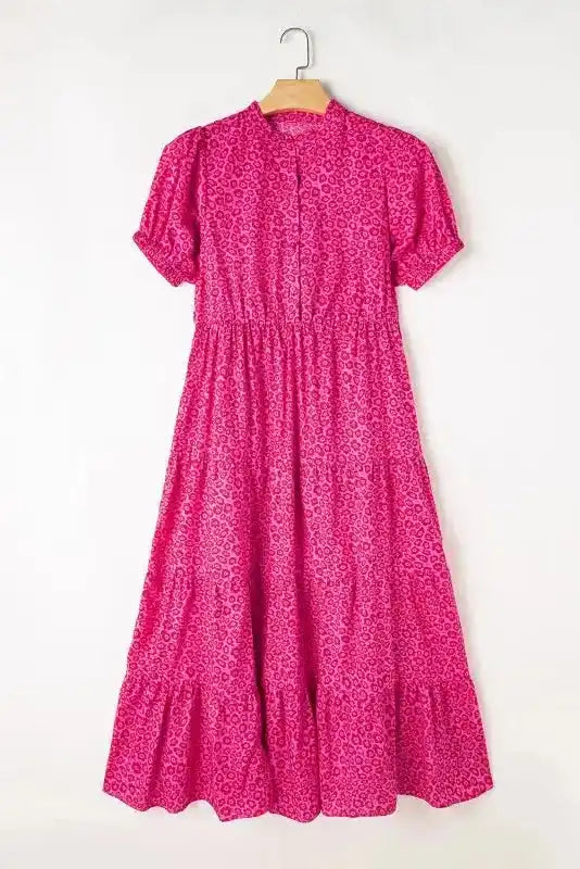 Flower Maxi Dress - Rose Red Mock Neck Puff Sleeve Tiered - Fashionfitz