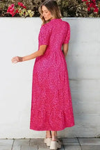 Flower Maxi Dress - Rose Red Mock Neck Puff Sleeve Tiered - Fashionfitz