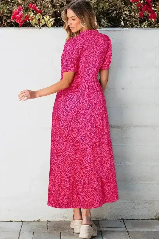 Flower Maxi Dress - Rose Red Mock Neck Puff Sleeve Tiered - Fashionfitz