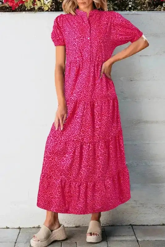 Flower Maxi Dress - Rose Red Mock Neck Puff Sleeve Tiered - Fashionfitz