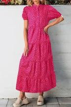 Flower Maxi Dress - Rose Red Mock Neck Puff Sleeve Tiered - Fashionfitz