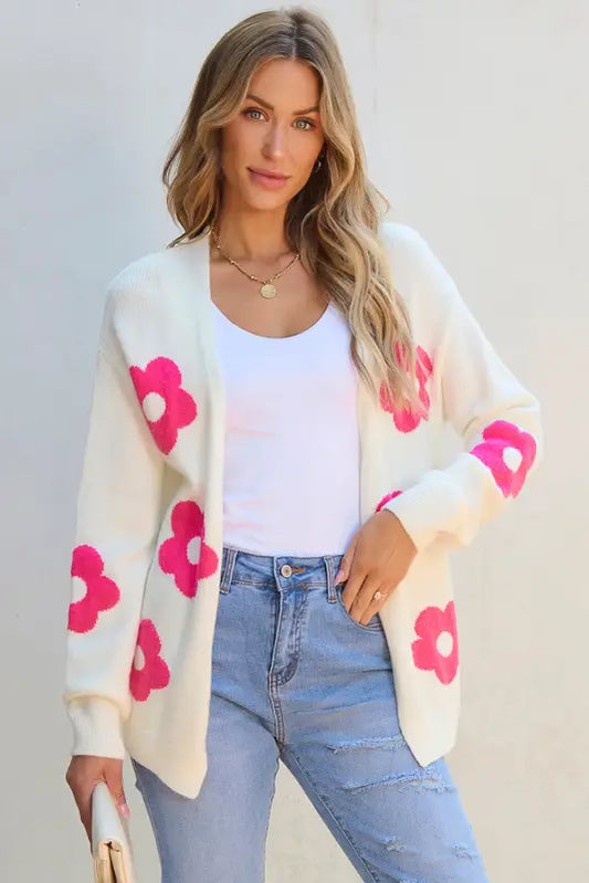 Flower pattern open front cardigan - rose red / s / 65% acrylic + 35% polyamide - cardigans