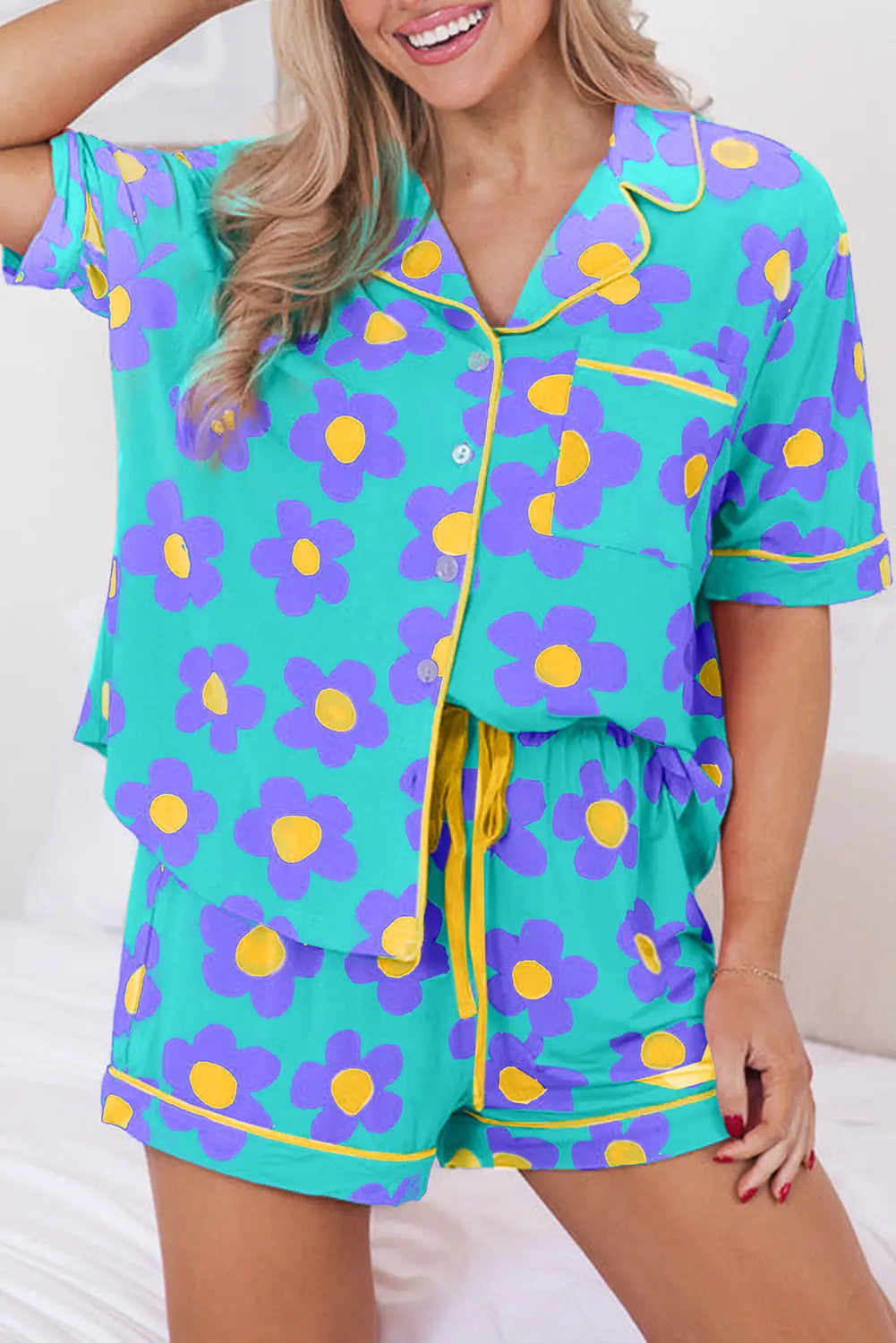 Flower shorts pajamas set - green / s / 95% polyester + 5% elastane - loungewear & sleepwear/sleepwear