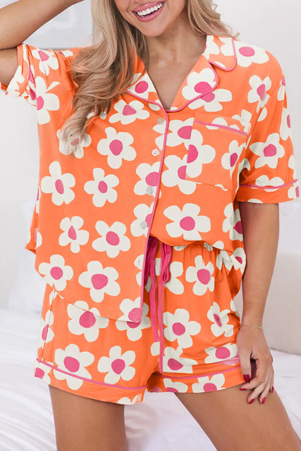 Flower shorts pajamas set - orange / s / 95% polyester + 5% elastane - loungewear & sleepwear/sleepwear