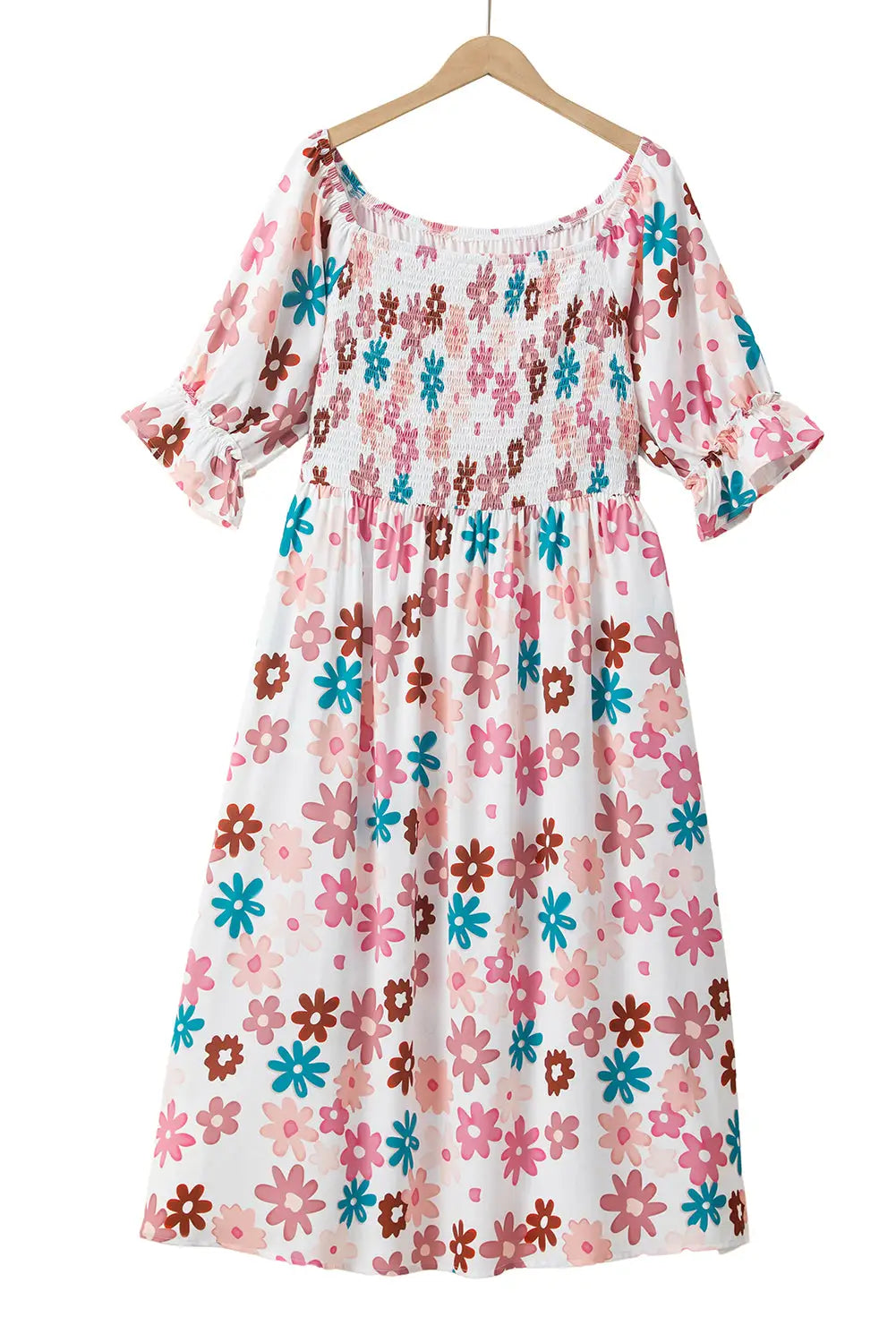 Flower smocked off shoulder midi dress - plus size/plus size dresses/plus dresses