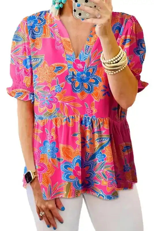 Back view of Rose Abstract Smocked Flowy Blouse showing flowing silhouette and lightweight drape — Fashionfitz