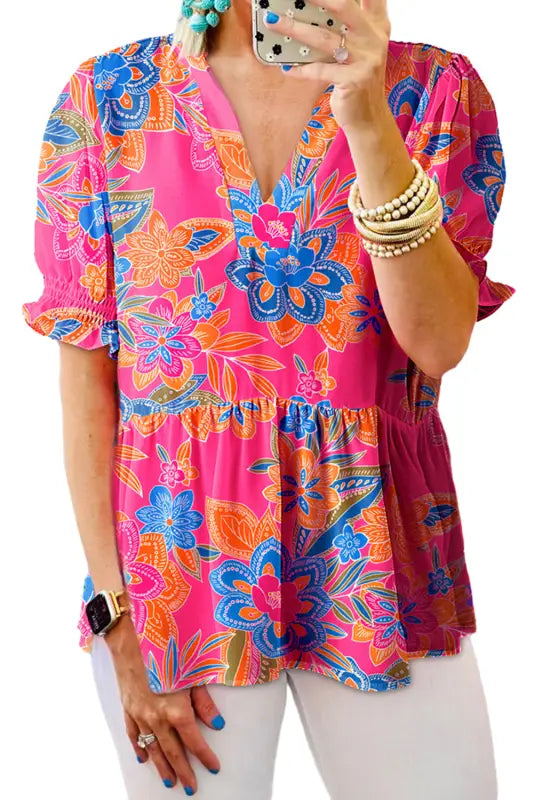 Flowy blouse - rose abstract smocked | fashionfitz