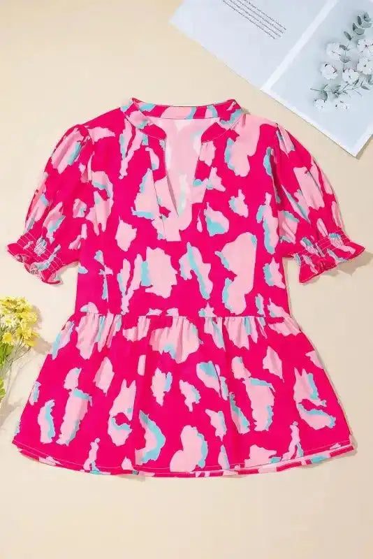 Flowy Blouse - Rose Abstract Smocked - Fashionfitz