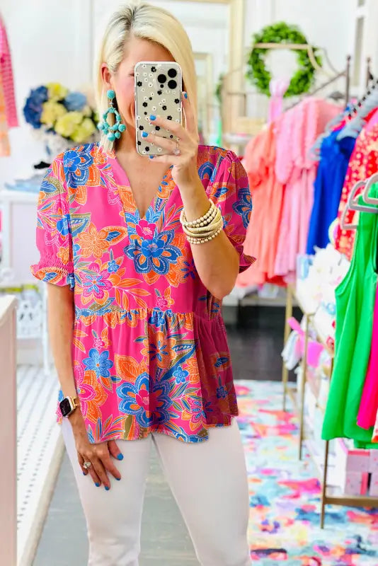 Flowy blouse - rose abstract smocked - floral blouses