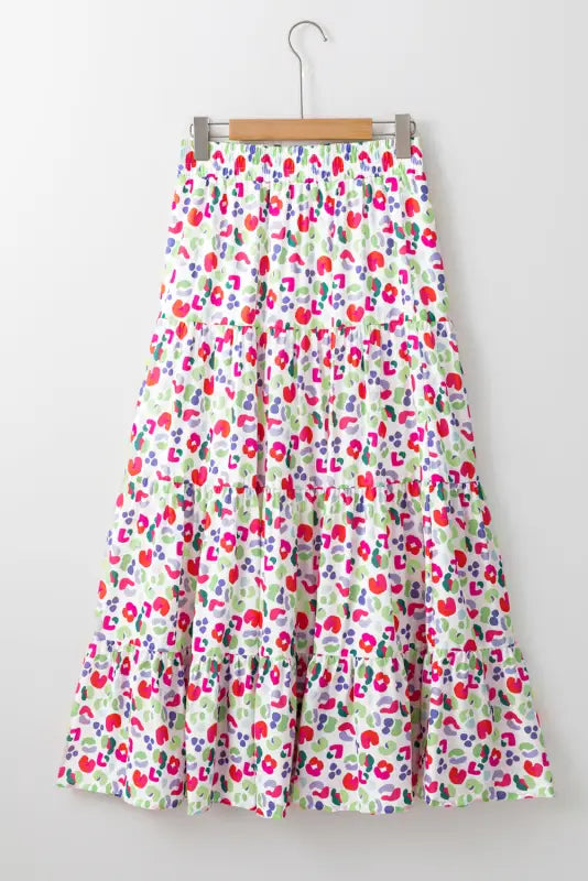 Flowy maxi skirt - pink abstract print tiered - bottoms/skirts & petticoat