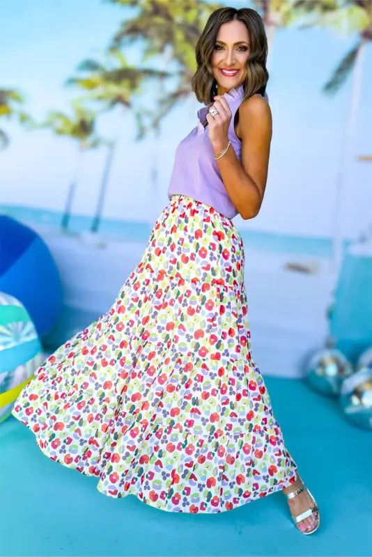 Flowy maxi skirt - pink abstract print tiered - bottoms/skirts & petticoat