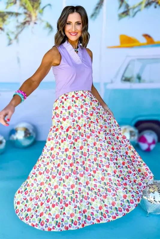 Flowy maxi skirt - pink abstract print tiered - bottoms/skirts & petticoat