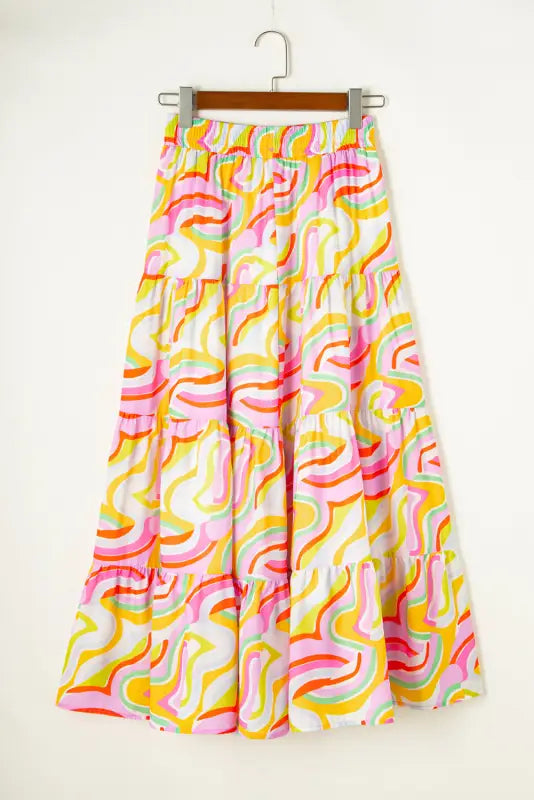 Flowy maxi skirt - pink abstract print tiered - bottoms/skirts & petticoat