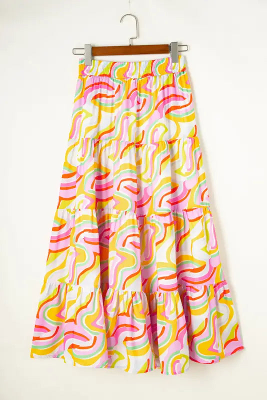 Flowy maxi skirt - pink abstract print tiered - bottoms/skirts & petticoat