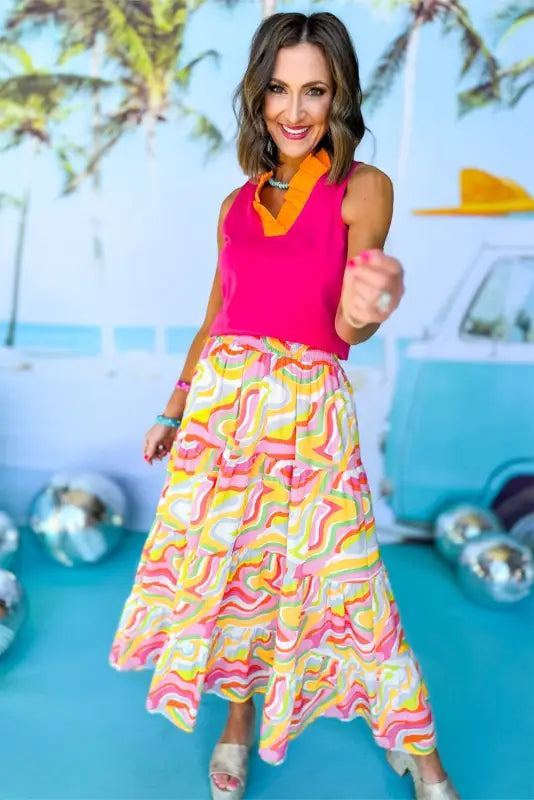 Flowy maxi skirt - pink abstract print tiered - bottoms/skirts & petticoat