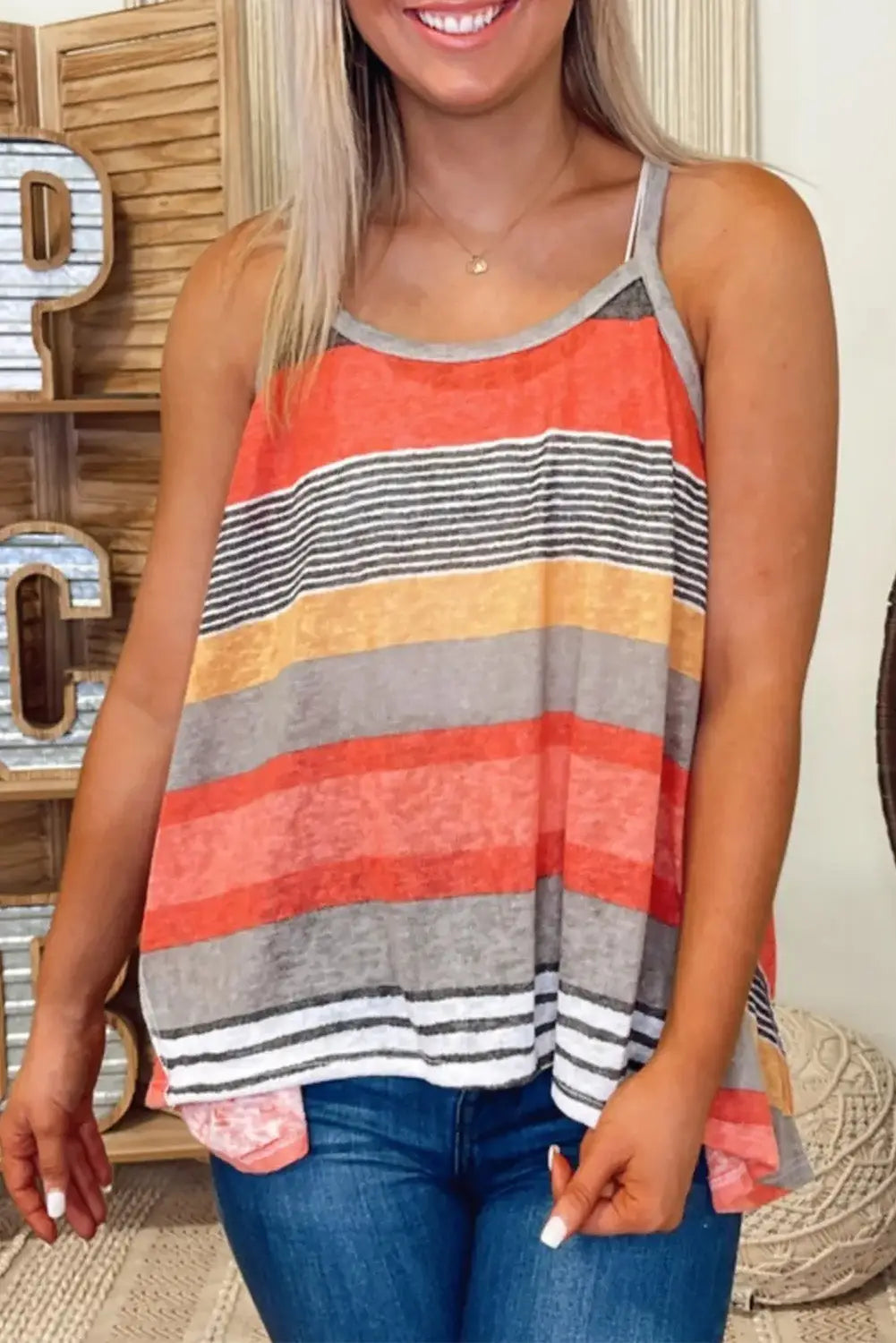 Flowy tank top - red colorful striped - s / 95% polyester + 5% elastane - tops