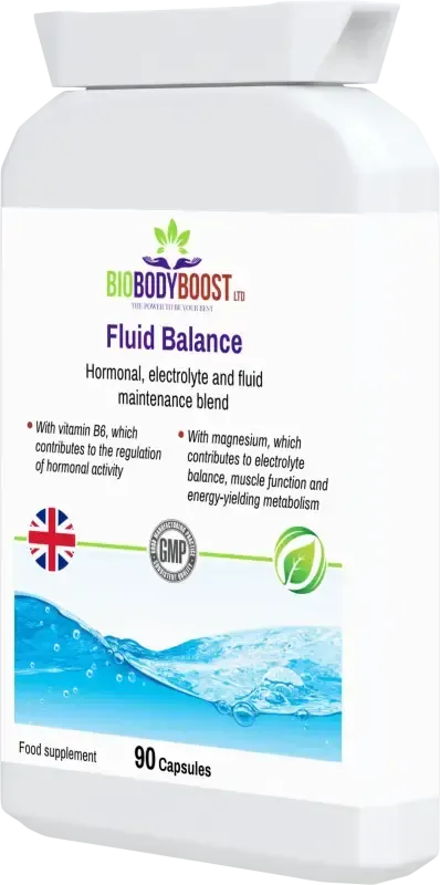 Fluid Balance angled view — electrolyte and hormone water balance supplement for daily hydration support, BioBodyBoost UK