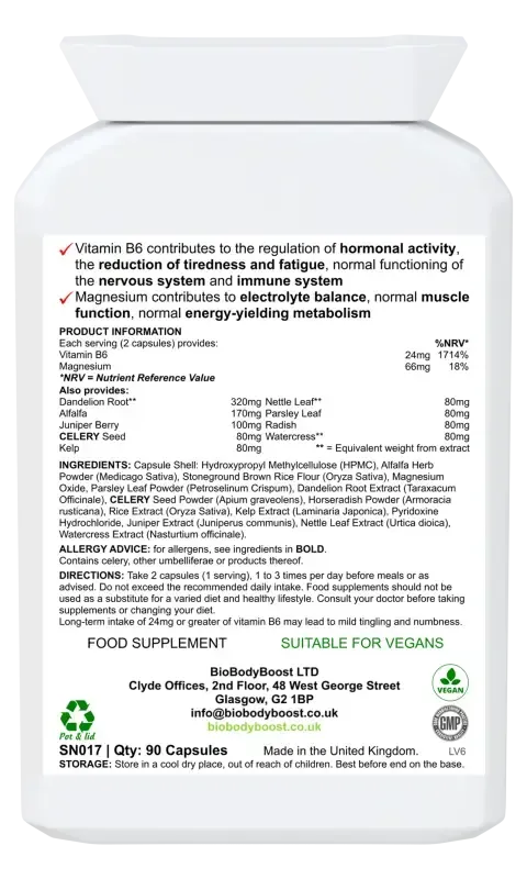 Back label of Fluid Balance showing electrolyte minerals, herb blend and dosage guide with vegan certification