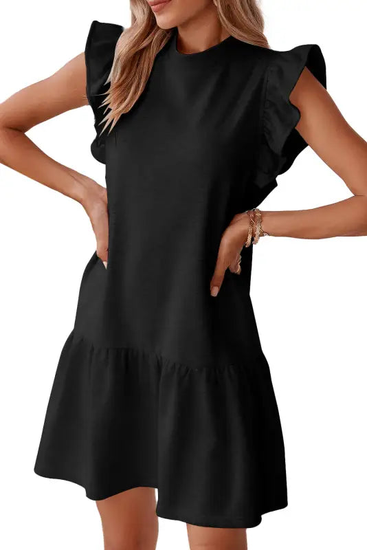 Black flutter sleeve crew neck shift dress - dresses/mini dresses