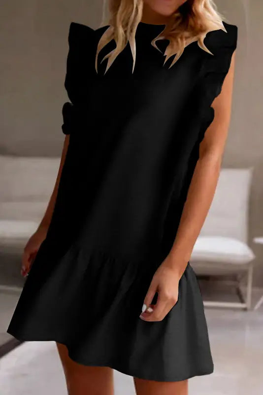 Black flutter sleeve crew neck shift dress - s / 80% polyester + 20% cotton - dresses/mini dresses