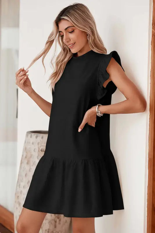 Black flutter sleeve crew neck shift dress - dresses/mini dresses