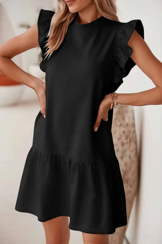 Black flutter sleeve crew neck shift dress - dresses/mini dresses