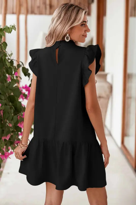 Black flutter sleeve crew neck shift dress - dresses/mini dresses