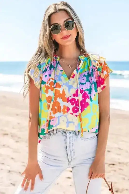 Flutter Sleeve V-Neck Crinkled Blouse - Fashionfitz