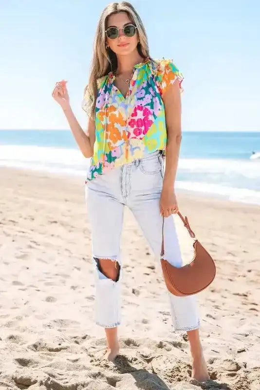 Leopard patchwork flutter sleeve tie-front crinkled blouse front view — Fashionfitz UK