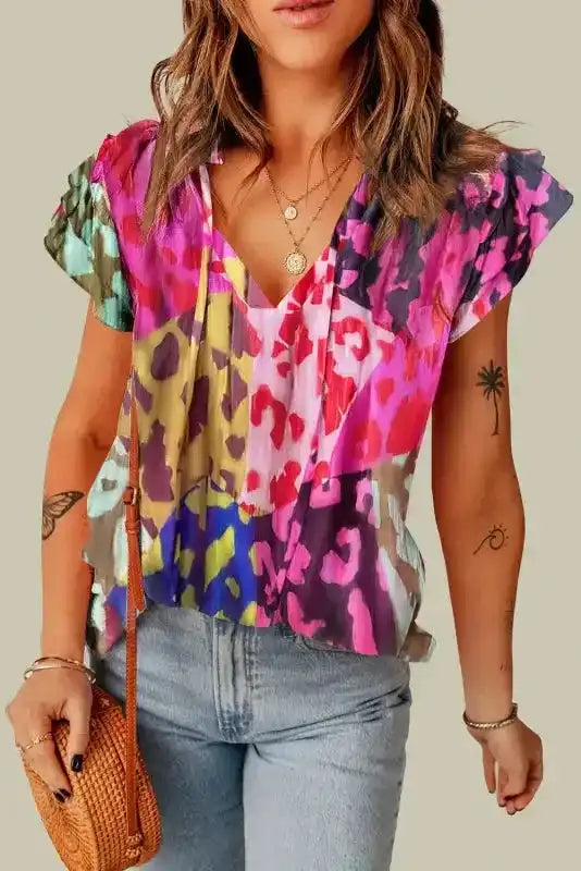 Flutter Sleeve V-Neck Crinkled Blouse - Fashionfitz