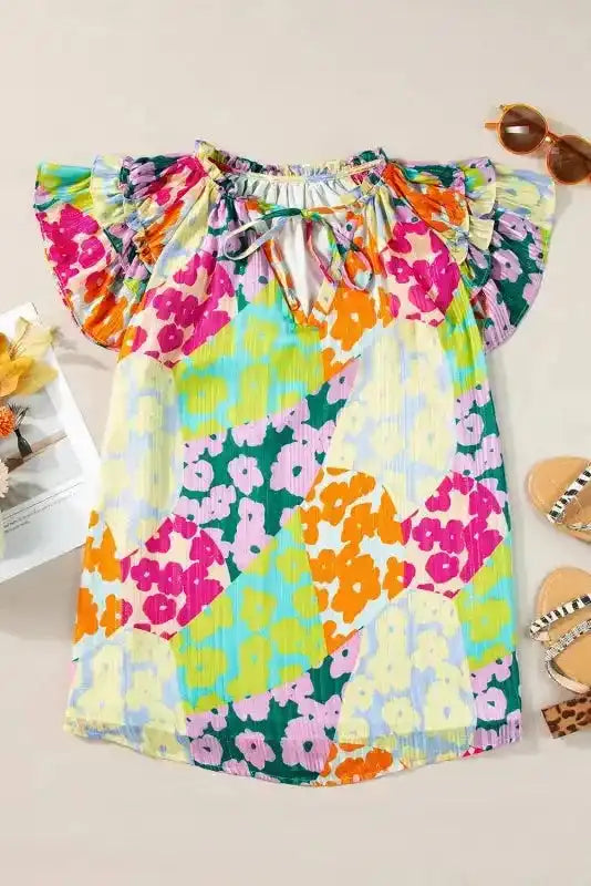 Flutter Sleeve V-Neck Crinkled Blouse - Fashionfitz