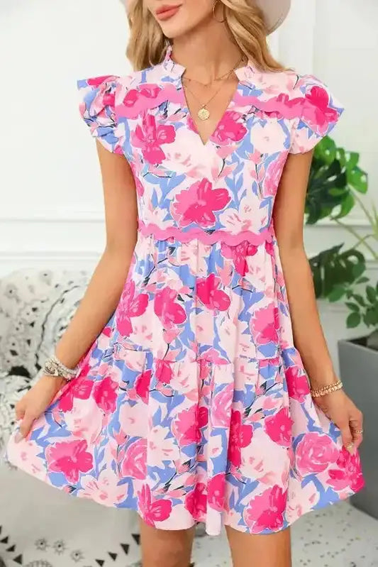 Flutter Sleeve Dress - Pink Floral - Fashionfitz