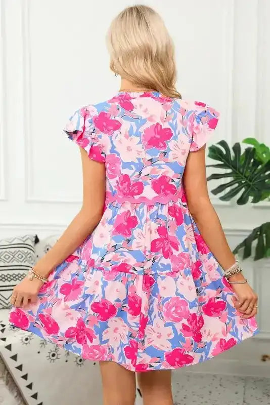 Flutter Sleeve Dress - Pink Floral - Fashionfitz